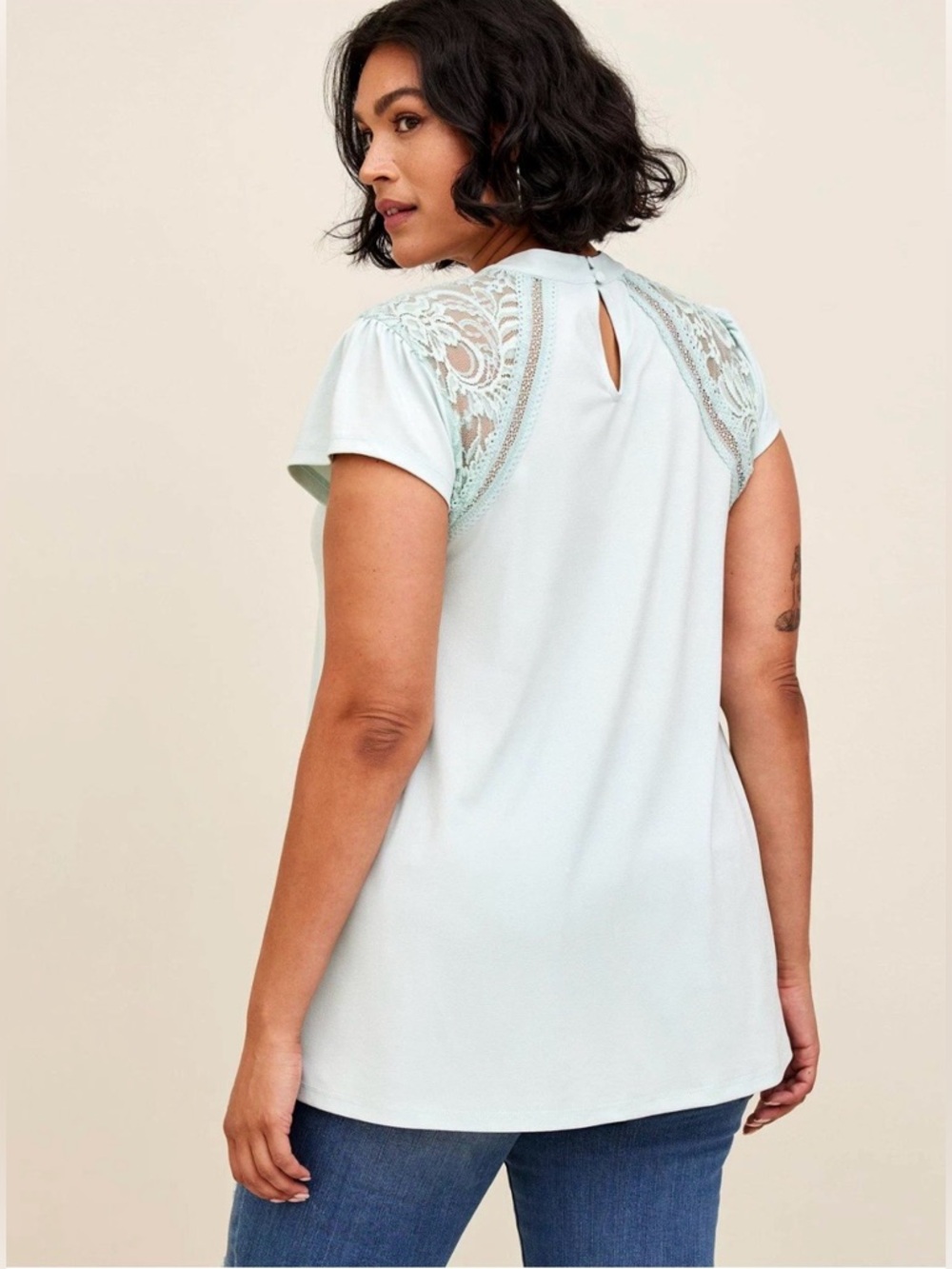 Torrid Studio Crepe Jersey Mock Neck Lace Inset Top - Picture 4 of 7
